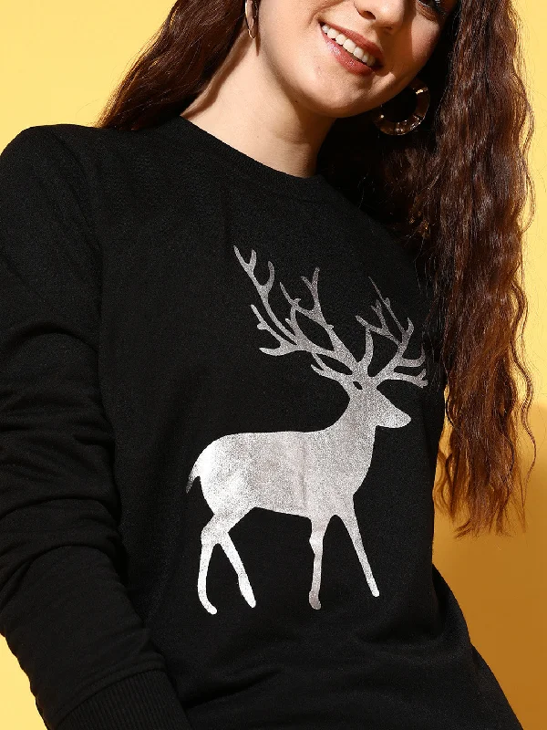 Women Black Terry Silver REINDEER Sweatshirt