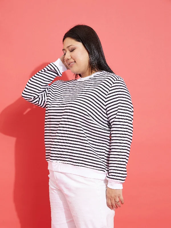 Women Black & White Striped Full Sleeves Sweater