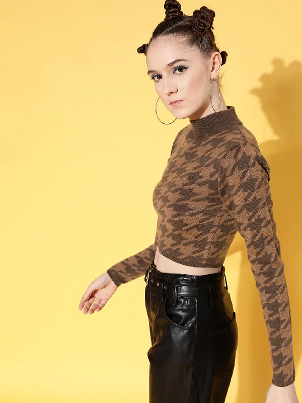 Women Brown & Dark Brown Houndstooth Crop Sweater