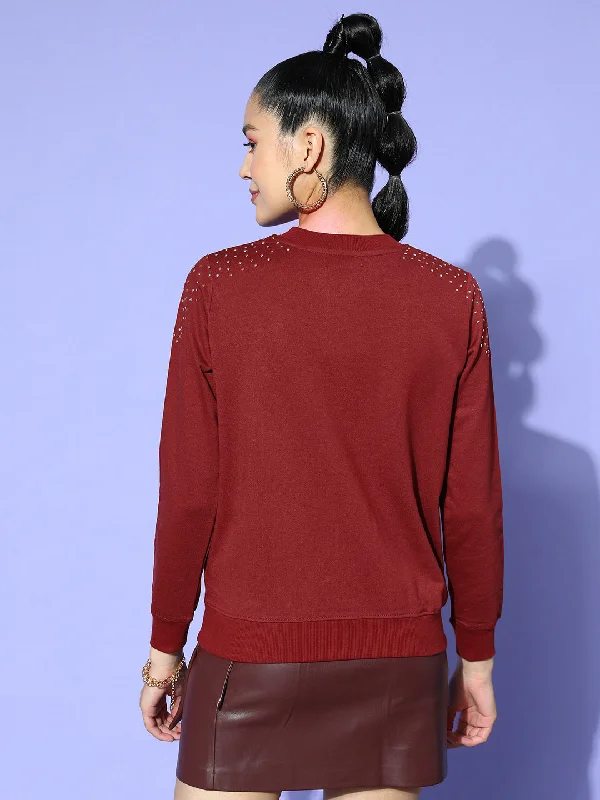 Women Maroon Shoulder Studded Terry Sweatshirt