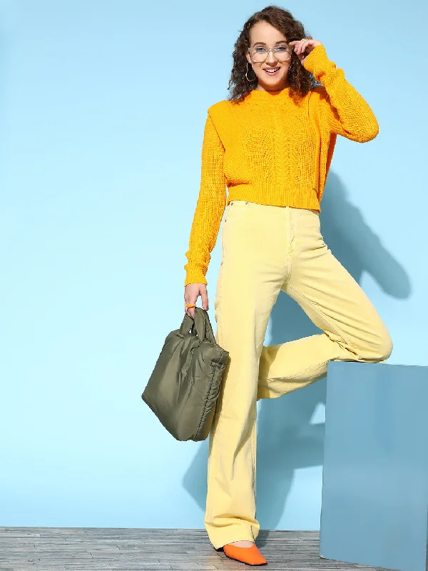 Women Mustard Rib Frill Detail Loose Knit Sweater