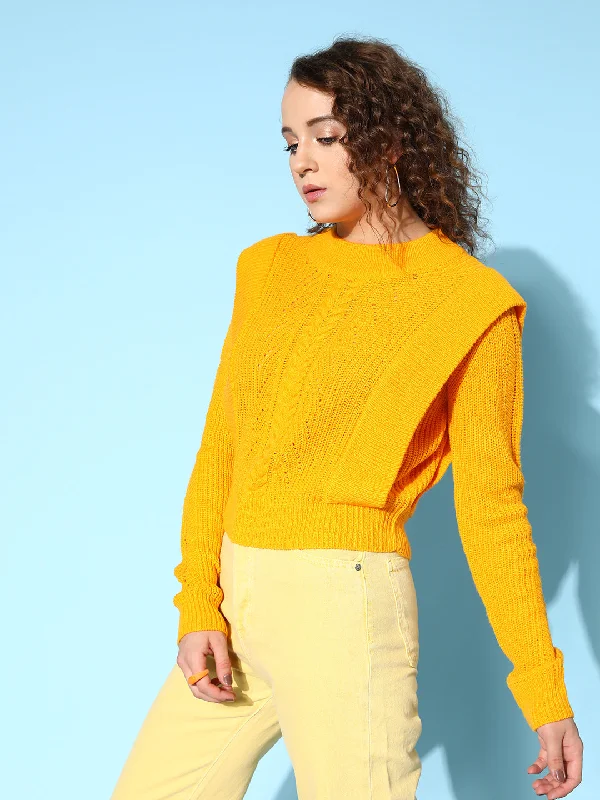 Women Mustard Rib Frill Detail Loose Knit Sweater