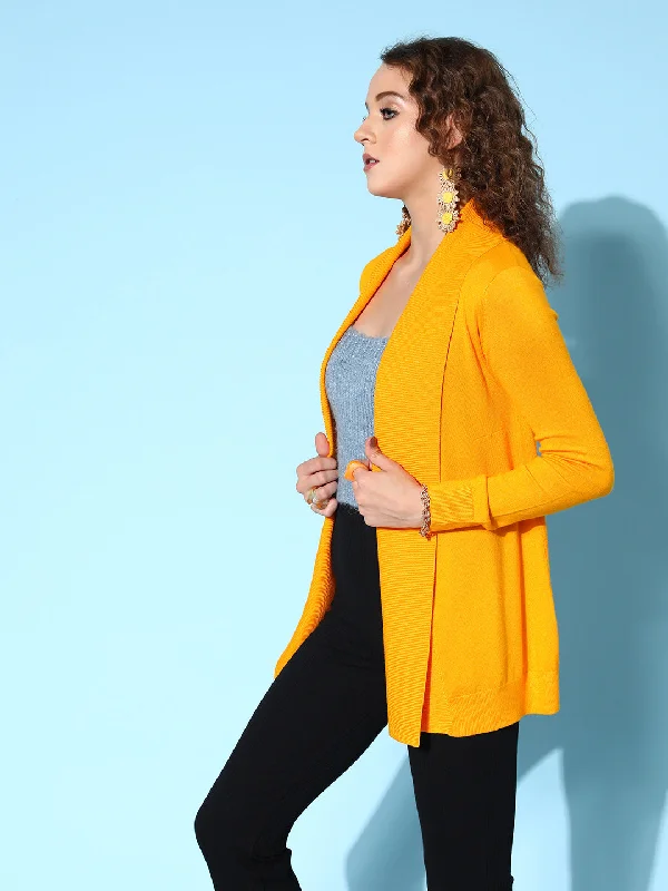 Women Mustard Shawl Collar Front Open Sweater