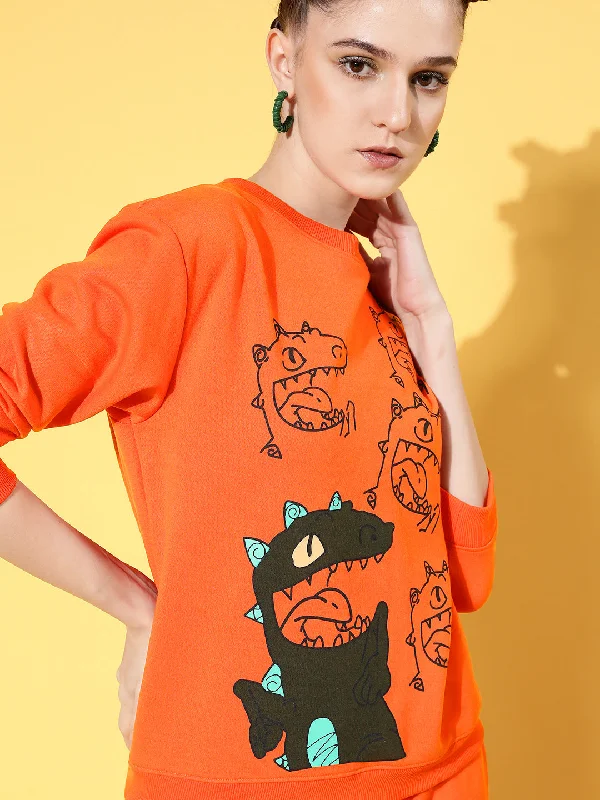 Women Orange Fleece Dragon Sweatshirt