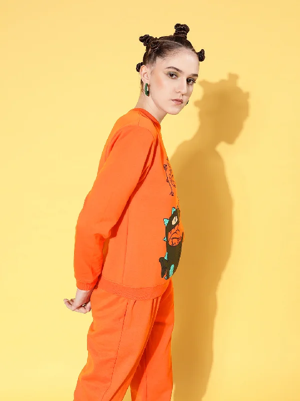 Women Orange Fleece Dragon Sweatshirt