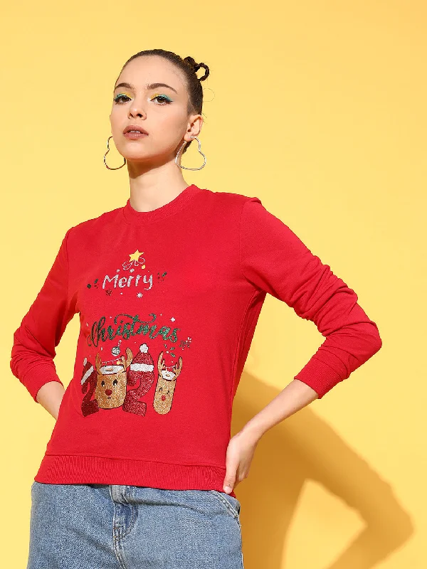 Women Red MERRY CHRISTMAS Terry Print Sweatshirt