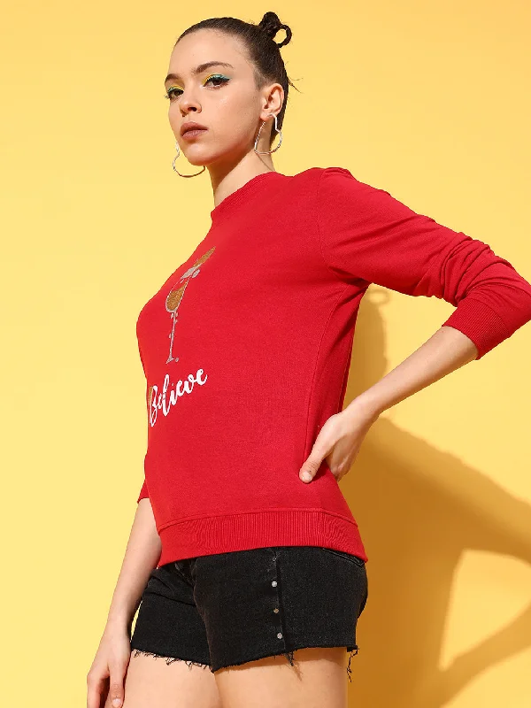 Women Red Terry BELIEVE Sweatshirt