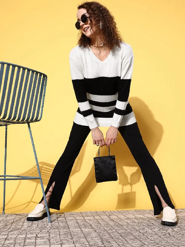 Women White & Black Striped Rib V Neck Sweater